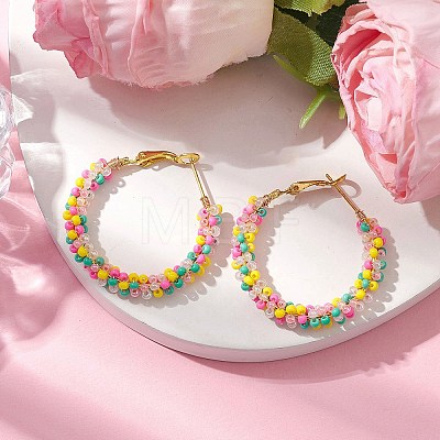 Colorful Glass Seed Beads Hoop Earrings EJEW-MZ00151-1