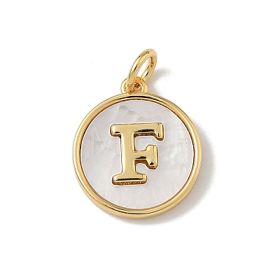 Brass Pave Natural Shell Flat Round with Letter Charms KK-Z115-13G-F-1