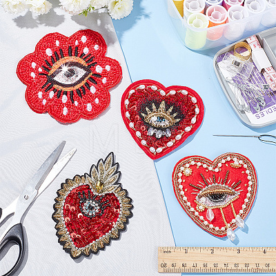 4Pcs 4 Style Heart/Flower with Evil Eye Handicraft Beading Felt Appliques PATC-AR0001-10-1