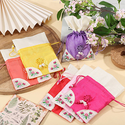 6Pcs 6 Colors 3D Floral Embroidery Cloth Drawstring Bags ABAG-PH0001-91-1