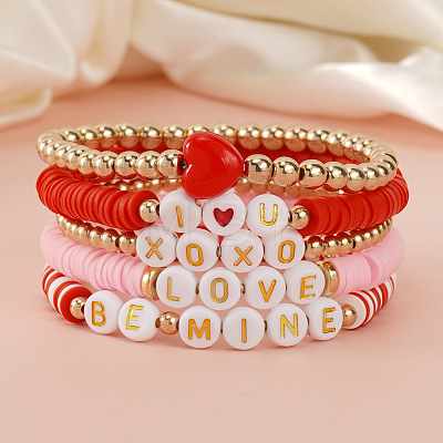 Polymer Clay & Plastic & Acrylic Heart Letter Beaded Stretch Adjustable Stackable Bracelet Sets for Women YY5680-1