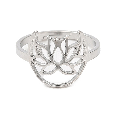 304 Stainless Steel Hollow Lotus Adjustable Ring for Women RJEW-M149-30P-1