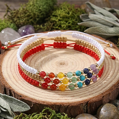 3Pcs Adjustable Chakra Natural & Synthetic Mixed Stone Round Bead Braided Bracelet Sets ZZ4943-4-1