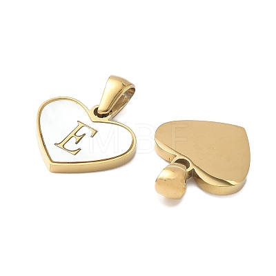 304 Stainless Steel Pave Natural White Shell Heart with Initial Slice Pendants STAS-R168-25G-E-1