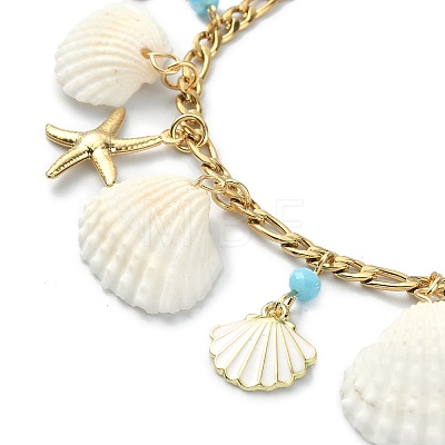 Natural Shell & 304 Stainless Steel Starfish & Alloy Enamel Charm Bracelet BJEW-TA00356-1