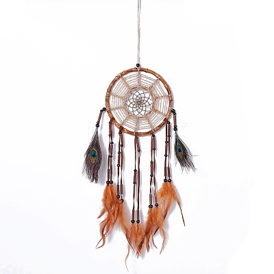 Native Style Bamboo Ring Woven Net/Web with Feather Wall Hanging Decoration HJEW-A001-07-1