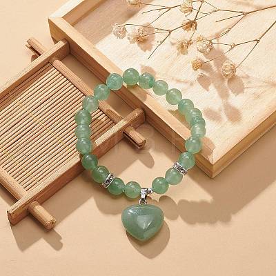 Natural Green Aventurine Round Beaded Stretch Bracelet with Heart Charm BJEW-JB09019-05-1