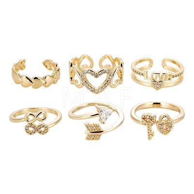 6Pcs 6 Styles Brass Micro Pave Clear Cubic Zirconia Cuff Rings RJEW-LS0001-43G-1