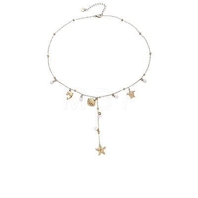 Ocean 304 Stainless Steel Imitation Pearl Long Tassel Pendant Necklaces for Women WGE0621-01-1