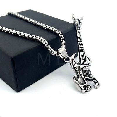 Punk Fashion 304 Stainless Steel Skull Guitar Pendant Necklaces for Unisex CY1349-1