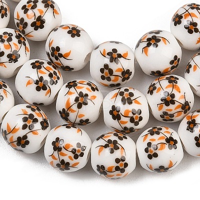 Handmade Flower Printed Porcelain Ceramic Beads Strands PORC-M007-10mm-04-1