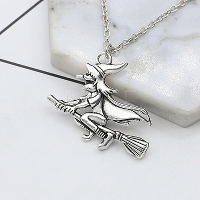 Halloween Alloy Witch and Broom Pendant Cable Chain Necklaces for Women FS-WG083BB-01-1