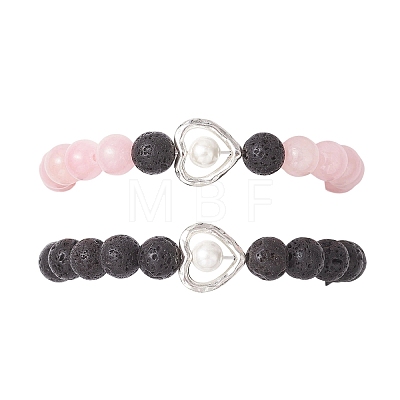 2Pcs Natural Round Pink Mashan Jade & Lava Rock Beads Stretch Bracelets BJEW-JB12879-1