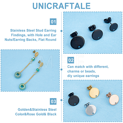 Unicraftale 48Pcs 12 Style Ion Plating(IP) 304 Stainless Steel Stud Earring Findings STAS-UN0039-36-1