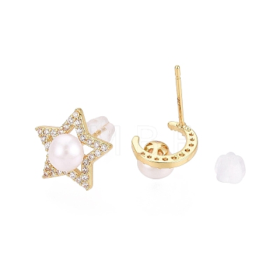 Star & Moon Brass Micro Pave Clear Cubic Zirconia Stud Earrings PEAR-N020-JY03-1