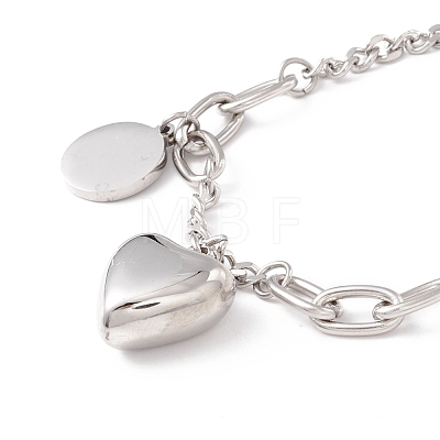 Non-Tarnish Heart & Flat Round Stainless Steel Charm Bracelet for Women STAS-P304-30P-1