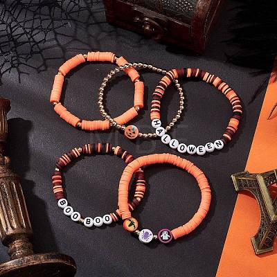 5Pcs 5 Styles Halloween Synthetic Non-magnetic Hematite & Polymer Clay Beaded Stretch Bracelet Sets BJEW-JB10733-1