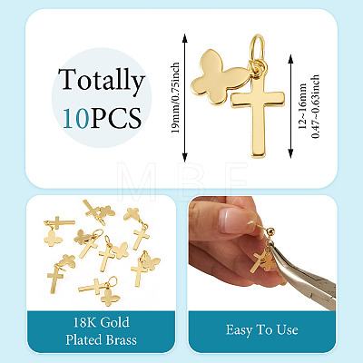 10Pcs Cross with Butterfly Brass Pendants PALLOY-TAC0272-1