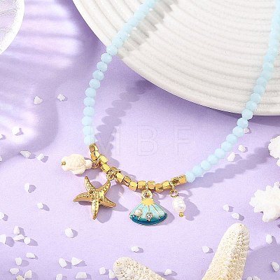 Ocean 304 Stainless Steel and Alloy Enamel Starfish Shell Shape Pendant Glass Beaded Necklaces for Women NJEW-JN06386-1
