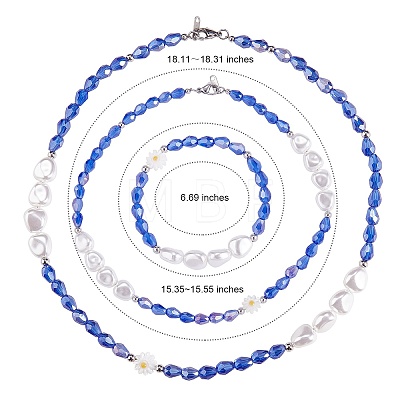 3Pcs Natural Shell & Plastic Pearl Flower & Glass Beaded Necklaces and Stretch Bracelet Set SJEW-SW00010-03-1