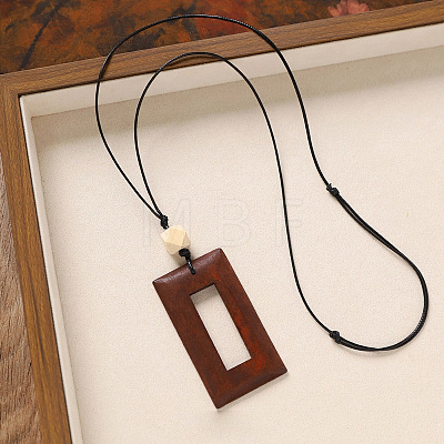 Wood Pendant Black Wax Cord Long Necklaces for Women FS-WG36920-14-1