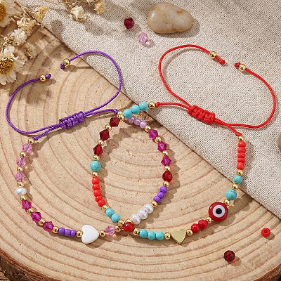 2Pcs 2 Styles Round Glass & Lampwork & Imitation Pearl & Synthetic Turquoise & Natural Shell & Seed Beads Braided Bead Bracelets VE0130-4-1