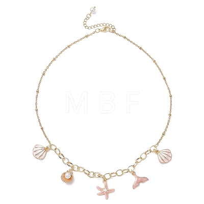 Ocean Alloy Enamel Whale Tail Shell Shape Starfish Pendant Brass Cable Chain and 304 Stainless Steel Satellite Chain Bib Necklaces for Women NJEW-JN05815-02-1