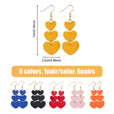 FIBLOOM 6 Pairs 6 Colors PU Leather Heart Dangle Earrings with Iron Pin for Women EJEW-FI0002-15-1