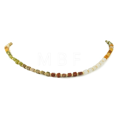 Gradient Natural Unakite & Quartz Crystal & Chinese Southern Jade & Yellow Aventurine & Sesame Jasper Cube Beaded Necklaces with Brass Round Beads NJEW-JN06612-1
