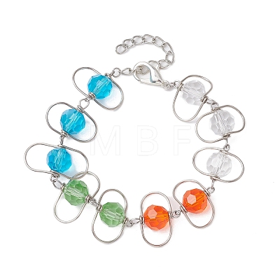 Copper Wire Wrapped Colorful Faceted Glass Round Bead Link Bracelets for Women BJEW-JB10320-1