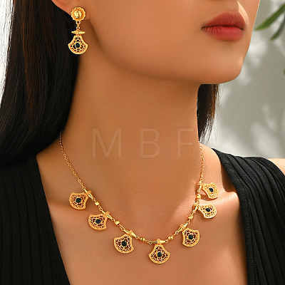 Ethnic Style Brass Micro Pave Cubic Zirconia Filigree Fan Pendant Necklace & Stud Earrings Sets for Women KU3704-1