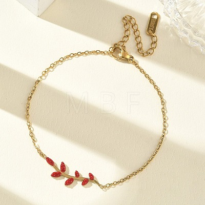 304 Stainless Steel Rhinestone Leaf Link Bracelets SA-CBA5F76-03G-01-1