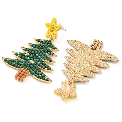 Christmas Tree Alloy & Acrylic Beaded Dangle Stud Earrings for Women EJEW-G406-01G-01-1