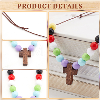 Wood Cross with Acrylic Beaded Pendant Necklaces for Women NJEW-AB00012-1