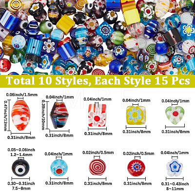 150Pcs 10 Styles Handmade Millefiori Lampwork Beads LAMP-PA0001-81-1