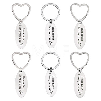 GOMAKERER 6Pcs 2 Styles Mother's Day Oval with Word Remember I Love You Mom Stainless Steel Keychain AJEW-GO0001-57-1