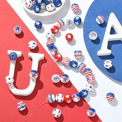90Pcs 9 Styles Printed Wood European Beads WOOD-CJ0002-69-1