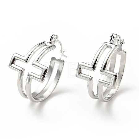 Non-Tarnish 304 Stainless Steel Cross Hoop Earrings for Women EJEW-G293-02P-1