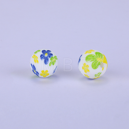 Printed Round with Flower Pattern Silicone Focal Beads SI-JX0056A-199-1