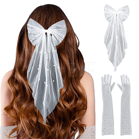 Cloth Bride Long Mesh Gloves & Acetate Hair Barrettes Kits AJEW-DR0002-62-1
