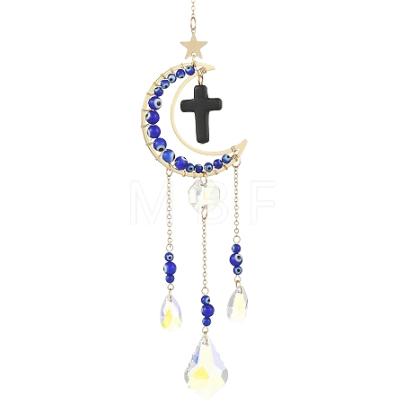 Cross Synthetic Turquoise & Brass Moon Suncatchers HJEW-JM05019-1