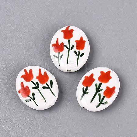 Hand Painted Tulip Flower Oval Porcelain Beads PORC-N012-11A-1