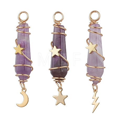 3Pcs 3 Styles Natural Amethyst Pointed Copper Wire Wrapped Faceted Bullet Big Pendants PALLOY-JF03572-03-1