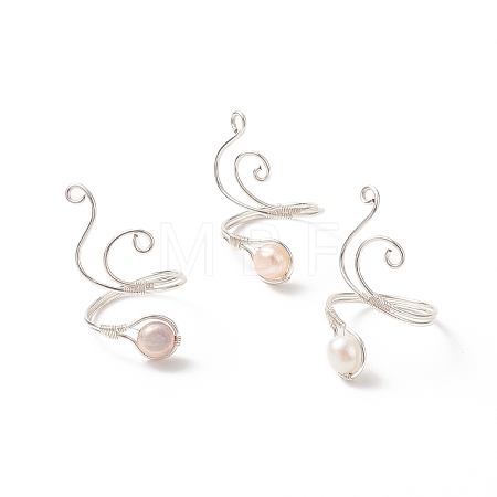 Copper Wire Wrapped Natural Freshwater Pearl Cuff Rings for Women RJEW-JR00553-02-1