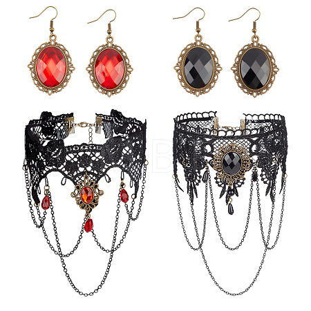 Resin Oval Pendant Dangle Earrings and Lace Choker Necklaces AJEW-PH0004-17-1