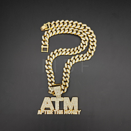 Hiphop Style Zinc Alloy Full Crystal Rhinestone Letter ATM After The Money Pendant Cuban Link Chain Necklaces for Men WG47302-01-1