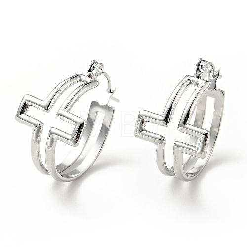 304 Stainless Steel Cross Hoop Earrings for Women EJEW-G293-02P-1