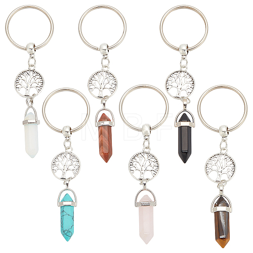 6Pcs 6 Style Bullet Shape Natural & Synthetic Gemstone Pendant Keychain with Tree of Life KEYC-DR0001-01-1