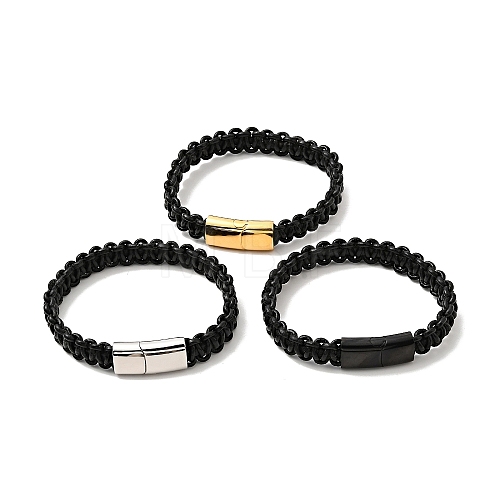 Black Leather Braided Cord Bracelet with 304 Stainless Steel Magnetic Clasp for Men Women BJEW-C021-17-1