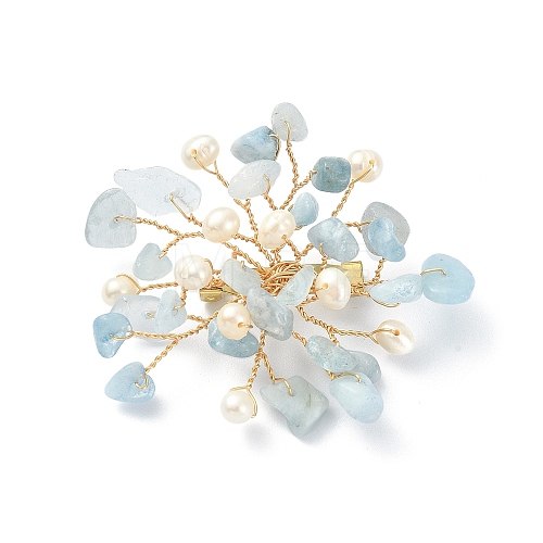 Natural Aquamarine Chips & Pearl Beaded Flower Brooch Pin JEWB-BR00098-04-1
